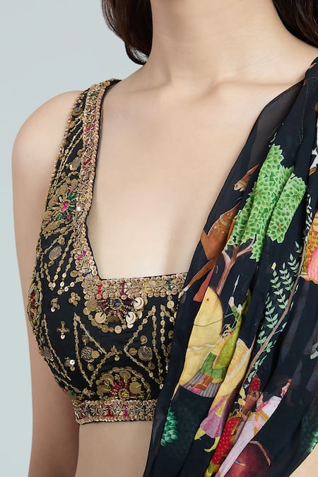 Shop_Rajat K Tangri_Black Embroidery Scoop Neck Mughal Print Pre-draped Saree Set _Online_at_Aza_Fashions