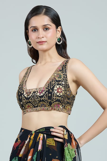 Rajat K Tangri_Black Embroidery Scoop Neck Mughal Print Pre-draped Saree Set _at_Aza_Fashions