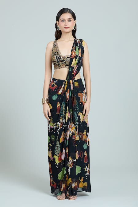 Buy_Rajat K Tangri_Black Embroidery Scoop Neck Mughal Print Pre-draped Saree Set 