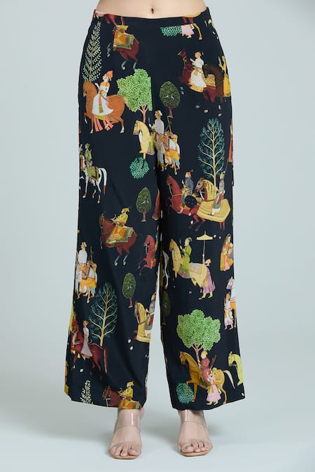 Rajat K Tangri_Black Cotton Tassels Square Neck Mughal Art Print Oversized Pant Suit Set _Online_at_Aza_Fashions