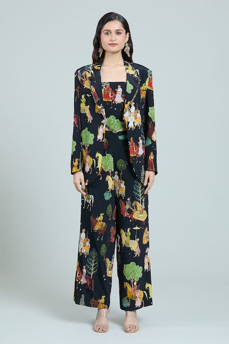 Buy_Rajat K Tangri_Black Cotton Tassels Square Neck Mughal Art Print Oversized Pant Suit Set _Online_at_Aza_Fashions