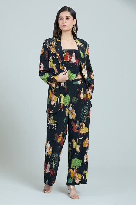 Shop_Rajat K Tangri_Black Cotton Tassels Square Neck Mughal Art Print Oversized Pant Suit Set _Online_at_Aza_Fashions