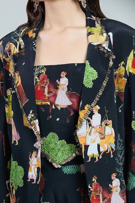 Rajat K Tangri_Black Cotton Tassels Square Neck Mughal Art Print Oversized Pant Suit Set _at_Aza_Fashions