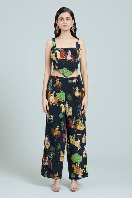 Buy_Rajat K Tangri_Black Cotton Tassels Square Neck Mughal Art Print Oversized Pant Suit Set 