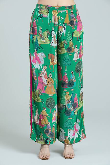 Rajat K Tangri_Green Bandeau Neck Mughal Print Kaftan And Pant Set _Online_at_Aza_Fashions