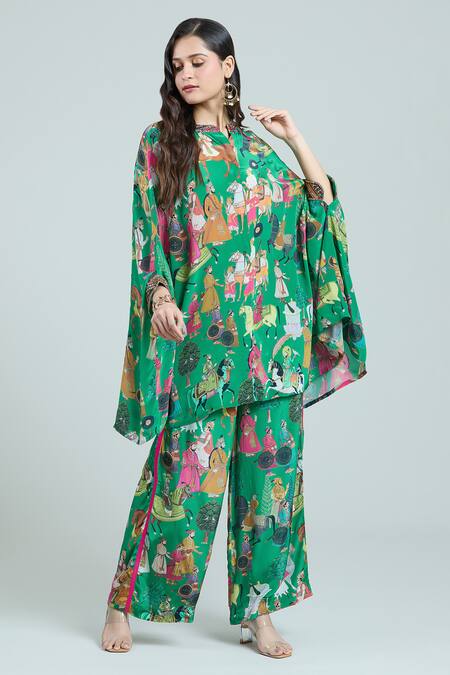 Buy_Rajat K Tangri_Green Bandeau Neck Mughal Print Kaftan And Pant Set _Online_at_Aza_Fashions