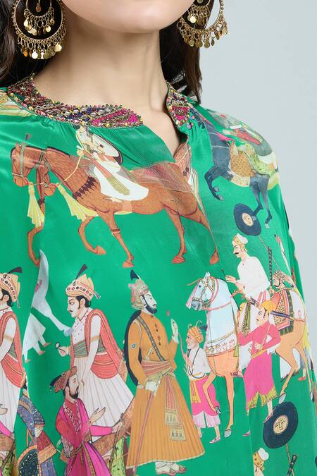 Shop_Rajat K Tangri_Green Bandeau Neck Mughal Print Kaftan And Pant Set _Online_at_Aza_Fashions