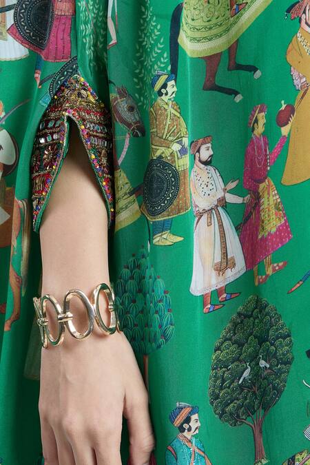 Rajat K Tangri_Green Bandeau Neck Mughal Print Kaftan And Pant Set _at_Aza_Fashions