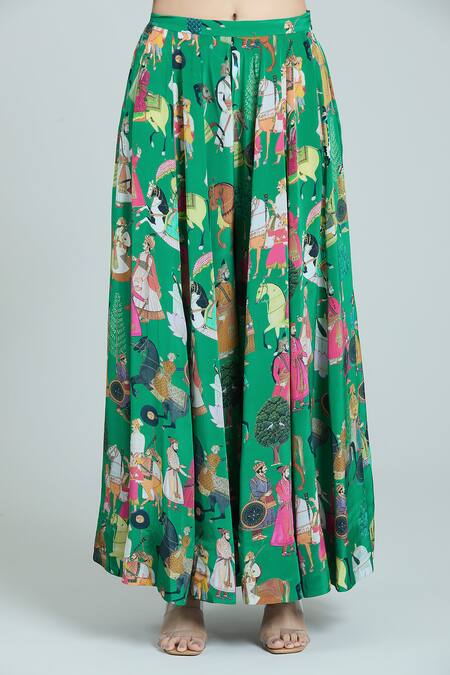 Rajat K Tangri_Green Silk Embroidery Bandeau Neck Mughal Painting Print Kaftan And Skirt Set _Online_at_Aza_Fashions