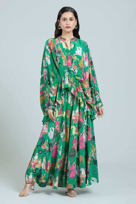 Buy_Rajat K Tangri_Green Silk Embroidery Bandeau Neck Mughal Painting Print Kaftan And Skirt Set _Online_at_Aza_Fashions