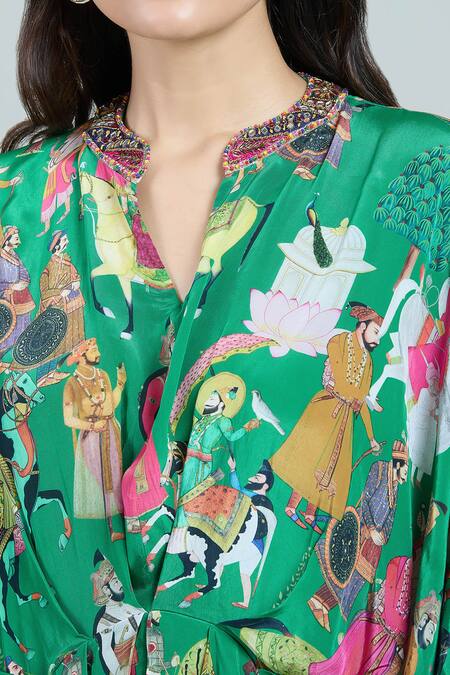 Shop_Rajat K Tangri_Green Silk Embroidery Bandeau Neck Mughal Painting Print Kaftan And Skirt Set _Online_at_Aza_Fashions