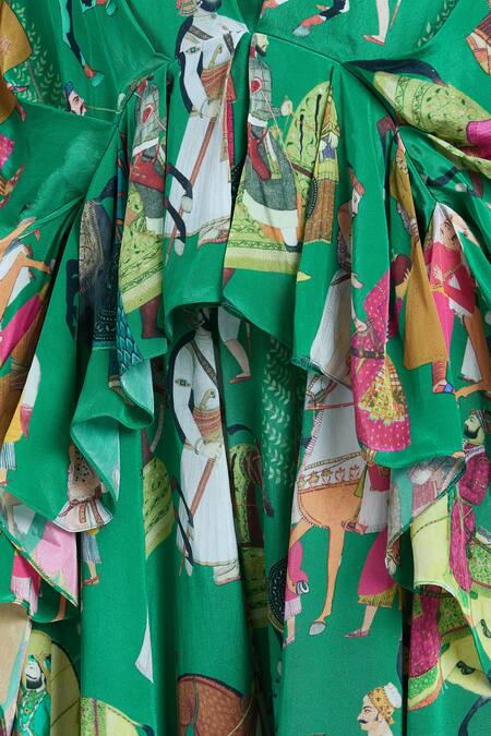Rajat K Tangri_Green Silk Embroidery Bandeau Neck Mughal Painting Print Kaftan And Skirt Set _at_Aza_Fashions
