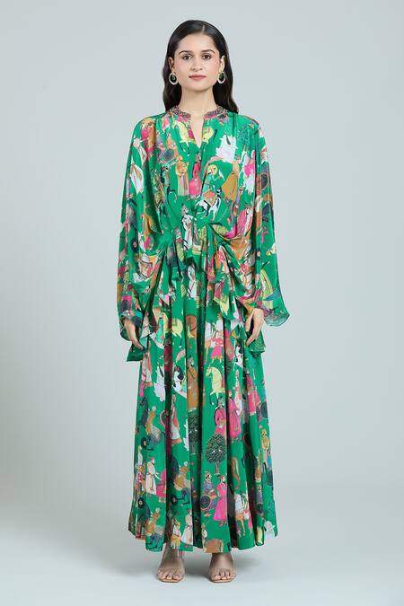 Buy_Rajat K Tangri_Green Silk Embroidery Bandeau Neck Mughal Painting Print Kaftan And Skirt Set 