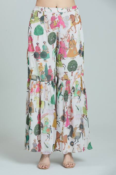 Rajat K Tangri_Ivory Cotton Embroidery Bandeau Mughal Painting Pattern Kaftan Top And Sharara Set _Online_at_Aza_Fashions