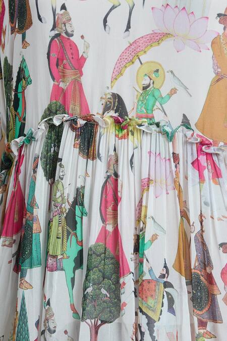 Shop_Rajat K Tangri_Ivory Cotton Embroidery Bandeau Mughal Painting Pattern Kaftan Top And Sharara Set _Online_at_Aza_Fashions