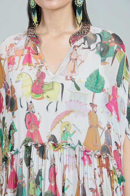 Rajat K Tangri_Ivory Cotton Embroidery Bandeau Mughal Painting Pattern Kaftan Top And Sharara Set _at_Aza_Fashions