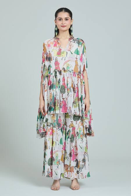 Buy_Rajat K Tangri_Ivory Cotton Embroidery Bandeau Mughal Painting Pattern Kaftan Top And Sharara Set 