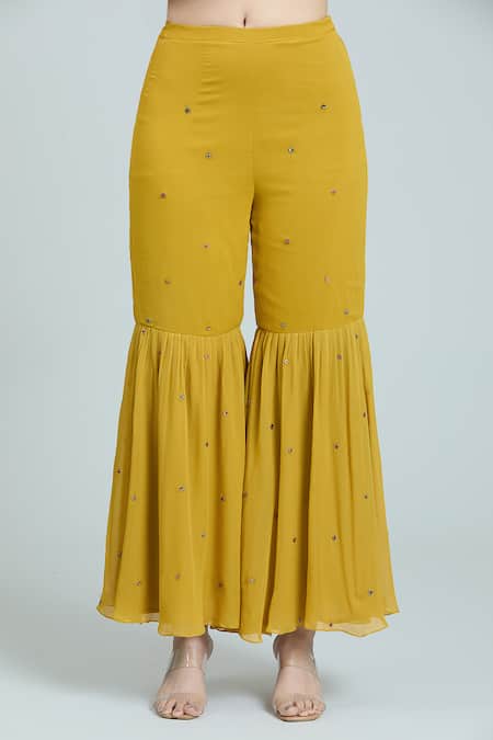 Rajat K Tangri Yellow Chiffon Tassels, Embroidery Split V-neck Hand Jacket Top And Sharara Set Online at Aza Fashions Rajat K Tangri_Yellow Chiffon Tassels, Embroidery Split V-neck Hand Jacket Top And Sharara Set _Online_at_Aza_Fashions