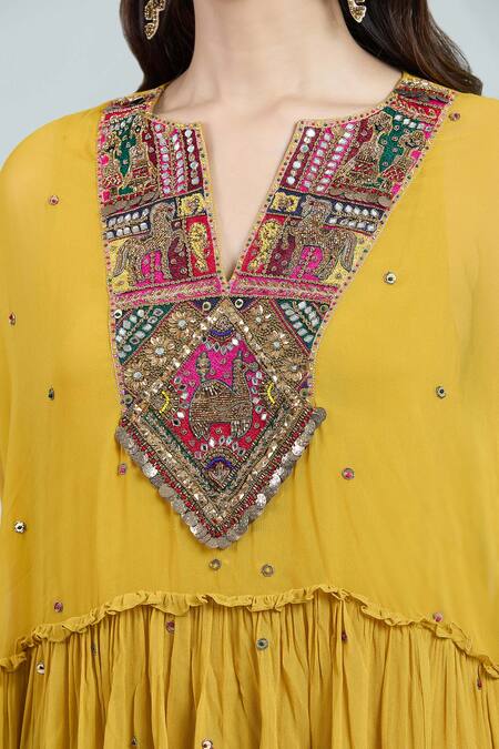 Shop Rajat K Tangri Yellow Chiffon Tassels, Embroidery Split V-neck Hand Jacket Top And Sharara Set Online at Aza Fashions Shop_Rajat K Tangri_Yellow Chiffon Tassels, Embroidery Split V-neck Hand Jacket Top And Sharara Set _Online_at_Aza_Fashions