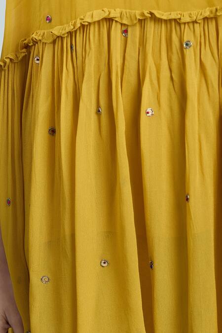 Rajat K Tangri Yellow Chiffon Tassels, Embroidery Split V-neck Hand Jacket Top And Sharara Set at Aza Fashions Rajat K Tangri_Yellow Chiffon Tassels, Embroidery Split V-neck Hand Jacket Top And Sharara Set _at_Aza_Fashions