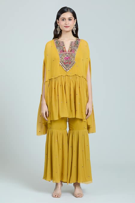 Buy Rajat K Tangri Yellow Chiffon Tassels, Embroidery Split V-neck Hand Jacket Top And Sharara Set Buy_Rajat K Tangri_Yellow Chiffon Tassels, Embroidery Split V-neck Hand Jacket Top And Sharara Set