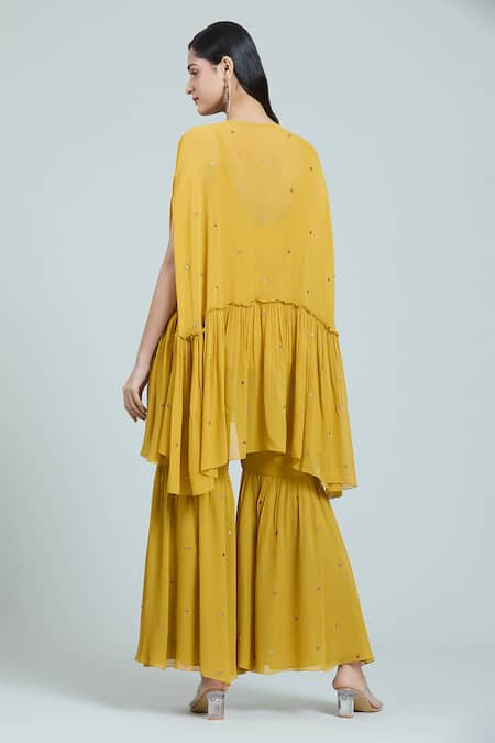Shop Rajat K Tangri Yellow Chiffon Tassels, Embroidery Split V-neck Hand Jacket Top And Sharara Set at Aza Fashions Shop_Rajat K Tangri_Yellow Chiffon Tassels, Embroidery Split V-neck Hand Jacket Top And Sharara Set _at_Aza_Fashions
