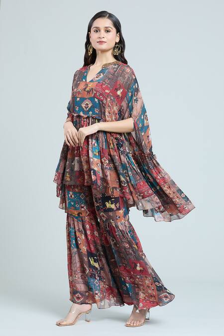 Rajat K Tangri Multi Color Chiffon Embroidery Persian Carpet Print Kaftan Top And Sharara Set Online at Aza Fashions Rajat K Tangri_Multi Color Chiffon Embroidery Persian Carpet Print Kaftan Top And Sharara Set _Online_at_Aza_Fashions