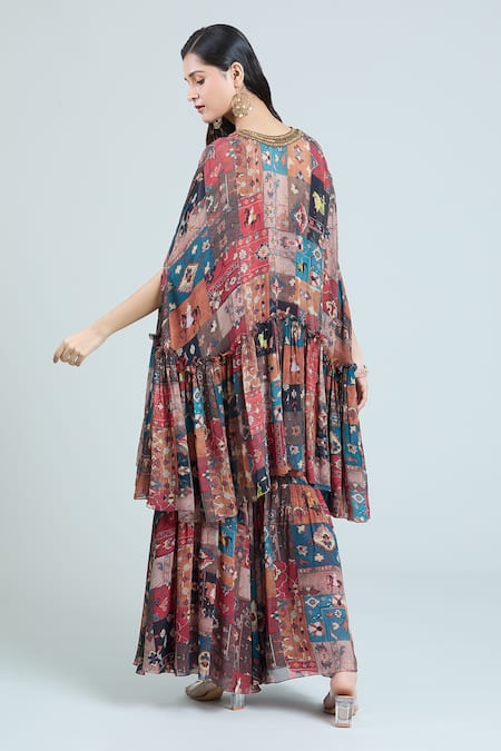 Shop Rajat K Tangri Multi Color Chiffon Embroidery Persian Carpet Print Kaftan Top And Sharara Set at Aza Fashions Shop_Rajat K Tangri_Multi Color Chiffon Embroidery Persian Carpet Print Kaftan Top And Sharara Set _at_Aza_Fashions