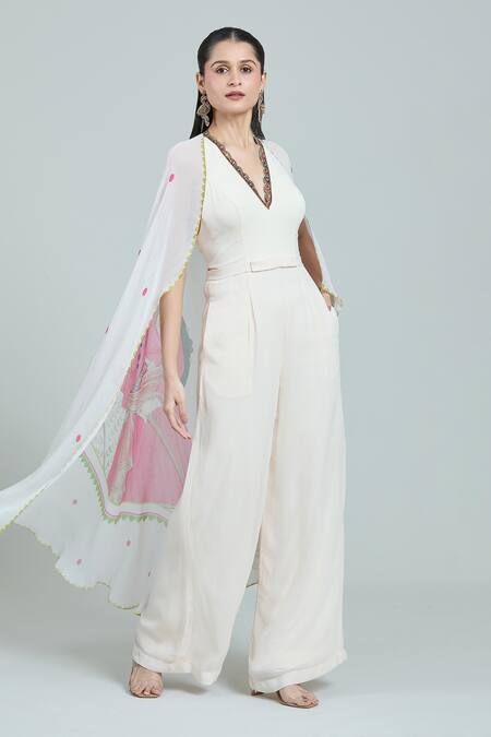 Rajat K Tangri Ivory Embroidery V-neck Mughal Printed Cape Jumpsuit Online at Aza Fashions Rajat K Tangri_Ivory Embroidery V-neck Mughal Printed Cape Jumpsuit _Online_at_Aza_Fashions