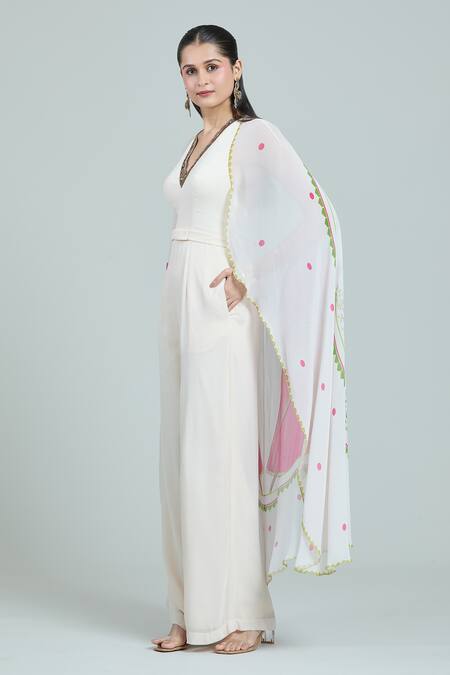Buy Rajat K Tangri Ivory Embroidery V-neck Mughal Printed Cape Jumpsuit Online at Aza Fashions Buy_Rajat K Tangri_Ivory Embroidery V-neck Mughal Printed Cape Jumpsuit _Online_at_Aza_Fashions