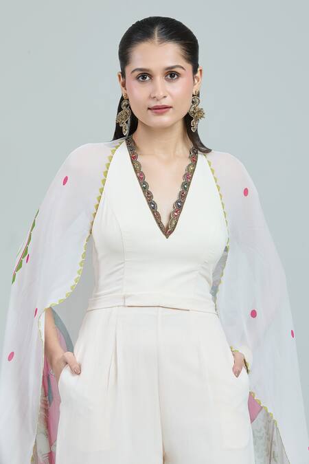 Shop Rajat K Tangri Ivory Embroidery V-neck Mughal Printed Cape Jumpsuit Online at Aza Fashions Shop_Rajat K Tangri_Ivory Embroidery V-neck Mughal Printed Cape Jumpsuit _Online_at_Aza_Fashions
