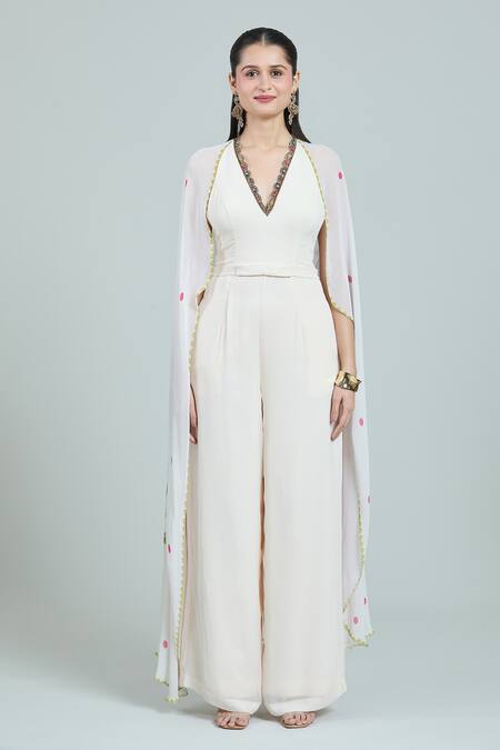 Buy Rajat K Tangri Ivory Embroidery V-neck Mughal Printed Cape Jumpsuit Buy_Rajat K Tangri_Ivory Embroidery V-neck Mughal Printed Cape Jumpsuit