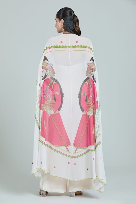 Shop Rajat K Tangri Ivory Embroidery V-neck Mughal Printed Cape Jumpsuit at Aza Fashions Shop_Rajat K Tangri_Ivory Embroidery V-neck Mughal Printed Cape Jumpsuit _at_Aza_Fashions