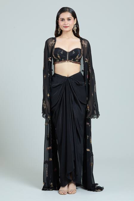Buy Rajat K Tangri Black Georgette Embroidery Sweetheart Neck, Mughal Jacket And Draped Skirt Set Online at Aza Fashions Buy_Rajat K Tangri_Black Georgette Embroidery Sweetheart Neck, Mughal Jacket And Draped Skirt Set _Online_at_Aza_Fashions
