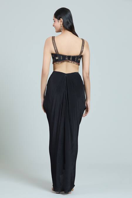 Shop Rajat K Tangri Black Georgette Embroidery Sweetheart Neck, Mughal Jacket And Draped Skirt Set Online at Aza Fashions Shop_Rajat K Tangri_Black Georgette Embroidery Sweetheart Neck, Mughal Jacket And Draped Skirt Set _Online_at_Aza_Fashions