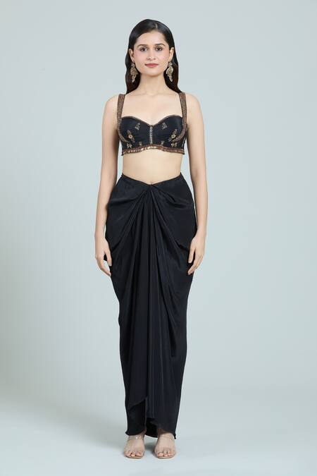 Buy Rajat K Tangri Black Georgette Embroidery Sweetheart Neck, Mughal Jacket And Draped Skirt Set Buy_Rajat K Tangri_Black Georgette Embroidery Sweetheart Neck, Mughal Jacket And Draped Skirt Set