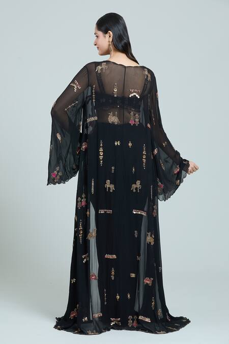 Shop Rajat K Tangri Black Georgette Embroidery Sweetheart Neck, Mughal Jacket And Draped Skirt Set at Aza Fashions Shop_Rajat K Tangri_Black Georgette Embroidery Sweetheart Neck, Mughal Jacket And Draped Skirt Set _at_Aza_Fashions