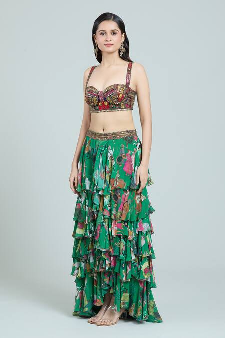 Rajat K Tangri_Green Chiffon Embroidery, Tassels Mughal Print Ruffled Lehenga And Corset Set _Online_at_Aza_Fashions