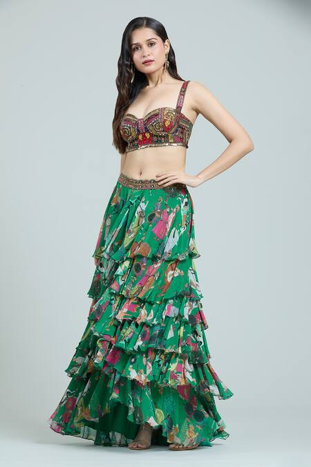 Buy_Rajat K Tangri_Green Chiffon Embroidery, Tassels Mughal Print Ruffled Lehenga And Corset Set _Online_at_Aza_Fashions