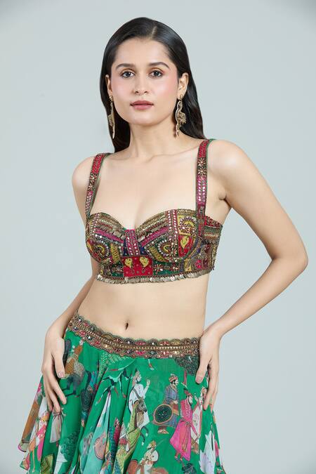 Shop_Rajat K Tangri_Green Chiffon Embroidery, Tassels Mughal Print Ruffled Lehenga And Corset Set _Online_at_Aza_Fashions