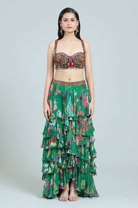 Rajat K Tangri_Green Chiffon Embroidery, Tassels Mughal Print Ruffled Lehenga And Corset Set _at_Aza_Fashions