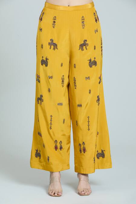 Buy_Rajat K Tangri_Yellow Crepe, Silk Embroidery Collared Mughal Hand Pant Suit Set _Online_at_Aza_Fashions