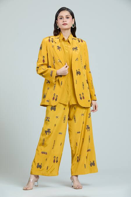 Shop_Rajat K Tangri_Yellow Crepe, Silk Embroidery Collared Mughal Hand Pant Suit Set _Online_at_Aza_Fashions