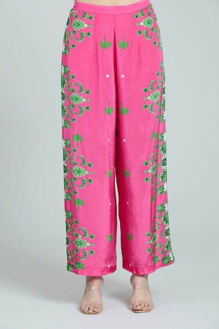 Rajat K Tangri_Pink Keyhole Neck Mughal Floral Print Kaftan And Pant Set _Online_at_Aza_Fashions