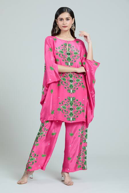 Buy_Rajat K Tangri_Pink Keyhole Neck Mughal Floral Print Kaftan And Pant Set _Online_at_Aza_Fashions
