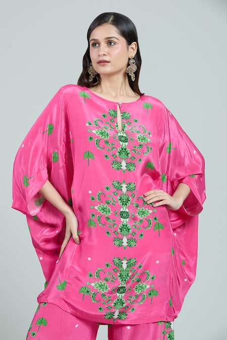 Shop_Rajat K Tangri_Pink Keyhole Neck Mughal Floral Print Kaftan And Pant Set _Online_at_Aza_Fashions