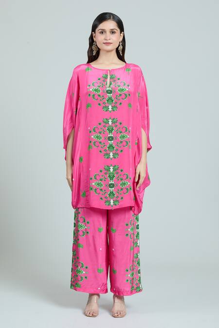 Rajat K Tangri_Pink Keyhole Neck Mughal Floral Print Kaftan And Pant Set _at_Aza_Fashions