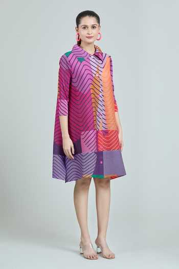 Scarlet Sage_Orange Polyester Collared Rory Abstract Print Dress_Online_at_Aza_Fashions