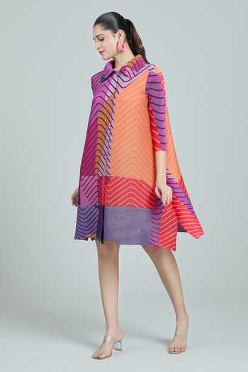 Buy_Scarlet Sage_Orange Polyester Collared Rory Abstract Print Dress_Online_at_Aza_Fashions