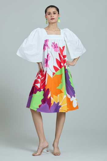Studio Moda India_White Cotton Square Neck The Russet Leaf Print Dress_Online_at_Aza_Fashions
